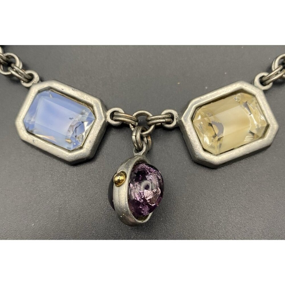 Chainmail Choker Bold Faceted Glass Bezel Gems Silver Tone Toggle 16" Necklace - Picture 3 of 9